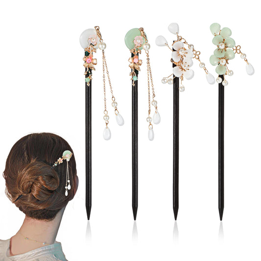 4 Pcs Chinese Hair Sticks, Traditional Flower Hair Sticks, Vintage Hanfu Hair Accessories, Hair Sticks for Buns, Chopsticks for Hair, Classic Hair Fork for Long Hair Women