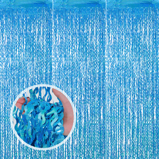 4Pack Blue Wave Foil Curtains, 3.3x6.6 ft Sparkle Metallic Wavy Foil Fringe Backdrop Curtain for Party Decor Wavy Tinsel Foil Fringe Curtains for Photo Booth Birthday Wedding Party Decor
