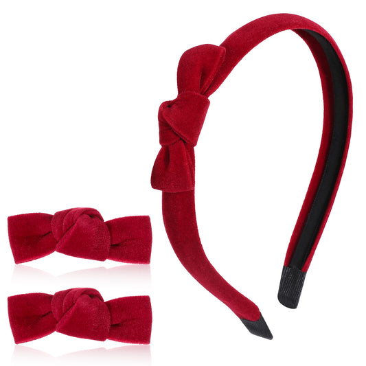 3 Pcs Red Velvet Bow Headband, Fashion Cute Red Bow Headband, Red Velvet Headband Burgundy Velvet Bow Hair Clips, Small Bowknot Hair Pins Set for Women Girls