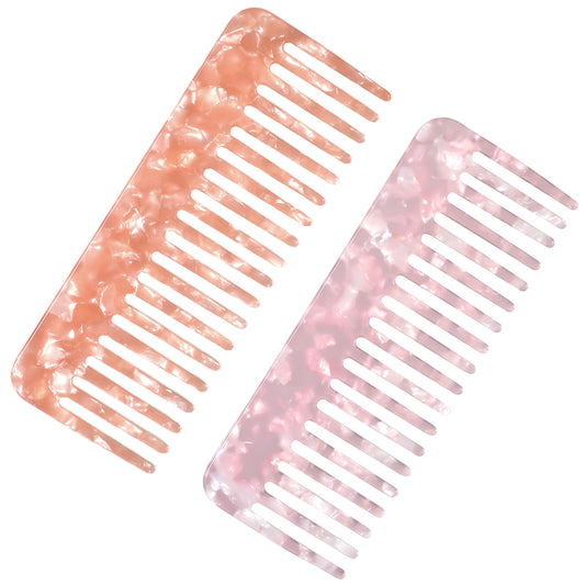 2 PCS Cellulose Acetate Wide Tooth Comb for Women, Large Hair Detangling Comb Wide Tooth Pocket Combs for Wet and Dry Hair Women Thick Curly Wavy (Pink, Light Orange)
