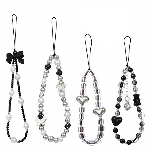 Qulkws 4 Pcs Crystal Beaded Phone Charms with Phone Tether Tab Cute Beaded Phones Lanyard Wrist Strap Acrylic Cell Phones Wrist Strap Aesthetic CellPhone Keychain for Camera Key Purse for Women