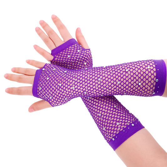 Xthrotsenk Purple Fishnet Gloves Long Rhinestone Fingerless Fishnet Gloves Rhinestone Fingerless Fish Net Arm Sleeve 80s Costume Halloween for Girls Women