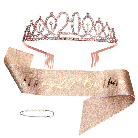 20th Birthday Decorations for Girls, 20th Birthday Gifts for Girls Including 20 th-Birthday Crown/Tiara＋Sash for Women＋Pearl Pin, 20th-Rhinestone Crown Kit (Rose Gold)