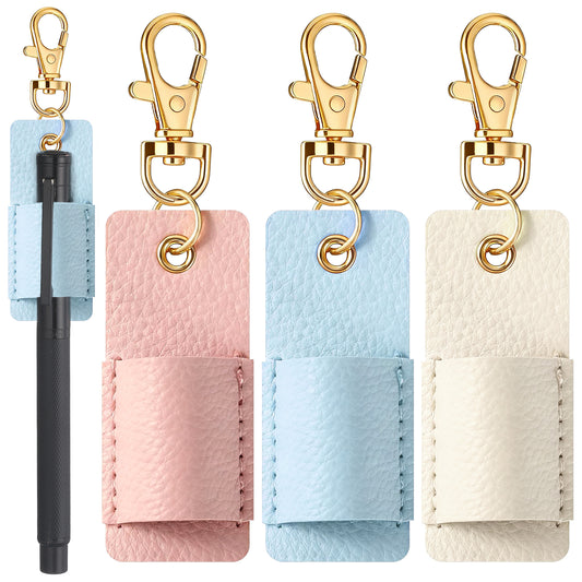 Exircy 3 Pcs Pen Holder for Lanyard Anti-Lost PU Leather Lanyard Pen Clip Portable Pouch Badge Pens Holder for Pencil Badges Clipboard Office (Pink, White, Blue)