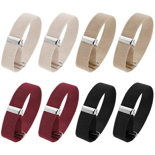 Qulkws 8Pcs(4 Pairs) Unisex Elastic Adjustable Armbands, Anti-Slip Shirt Long Sleeve Holders Armband, Sleeve Garters for Women, Sport Armband Strap for Men (Black+Red+White+Beige)