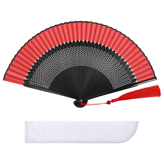 Foldable Chinese Silk Bamboo Fan, Handheld Bamboo Silk Folding Fan Foldable Chinese Japanese Vintage Bamboos Fans Decorative Fans for Party, Dancing, Wedding, Cosplay, Gifts (8.27", Black and Red)