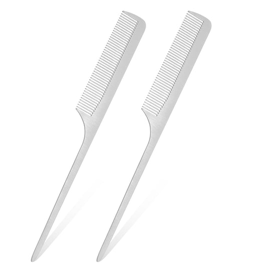 2 Pcs Metal Tail Combs, Rat Tail Hair Combs, Stainless Steel Hair Comb with Parting Tip, Styling Cutting Comb for Women Men (Silver)