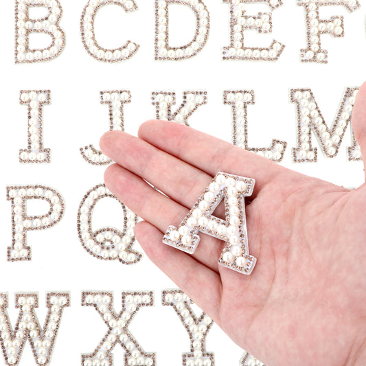 26 Pcs Pearl Rhinestone Letter Patches Rhinestone Iron on Patch White Pearl Bling Patch A to Z Letter Appliques Glitter Alphabet Embellishments Patch for Clothes Dress Hat Jeans Fabric DIY Decor(Gold)