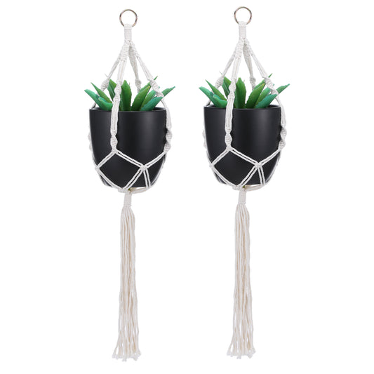 Macrame Plant Hanger, 2 Pack Boho Hanging Planters Baskets with Hooks, Crochet Braided Cotton Rope Flower Pot Holder for Indoor Outdoor Home Decor, No Tassels, Ivory, 20 Inches