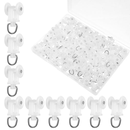 100 Pcs Curtain Track Rollers Hooks Ceiling Curtain Track Plastic Rail Runner Mute Dual Wheel Roller Carriers Ball Pulley Windows Shower Curtains Tracks for Ceiling Room Dividers Windows