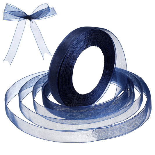 Navy Blue Organza Chiffon Ribbon for Gift Wrapping, 0.6 Inch 50 Yards Sheer Navy Blue Ribbon Tulle Ribbons for Christmas Halloween Decoration Birthday Party Wedding Flower Bouquet Crafts Bow Making