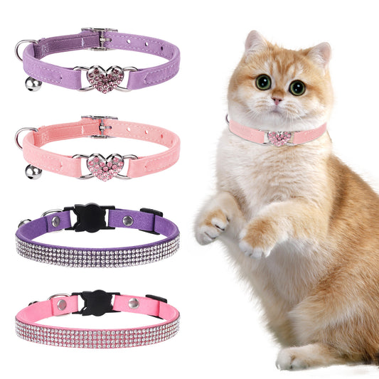 4 Pcs Rhinestone Cat Collars, Breakaway Cat Collars with Bell, Soft Velvet Fancy Cat Collar, Heart Bling Girl Cat Collar, Adjustable Safety Kitten Collar, Princess Cat Collar