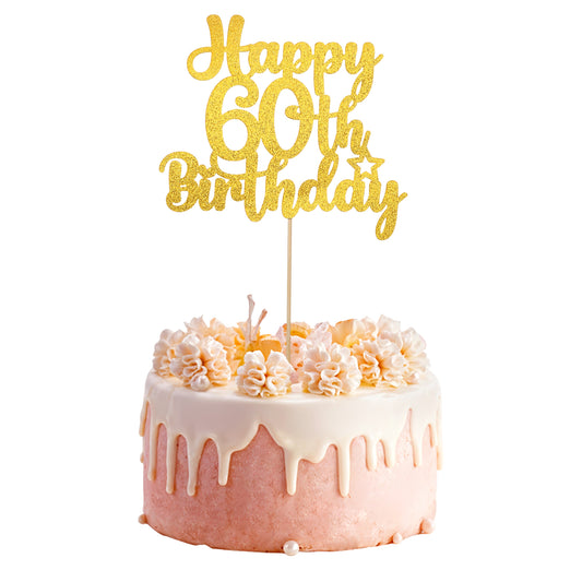 Happy 60th Birthday Cake Topper, Glitter Gold 60th Cake Topper 60 Years Old Birthday Cake Pick for Birthday Celebrating Anniversary Party Decorations Supplies