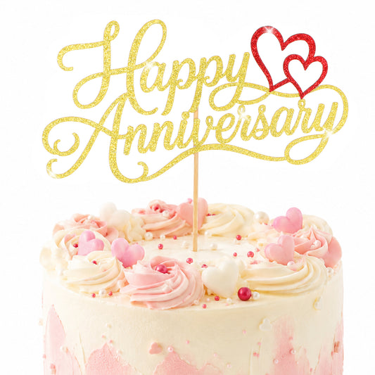 Happy Anniversary Cake Topper, Glittery Gold Anniversary Cake Pick