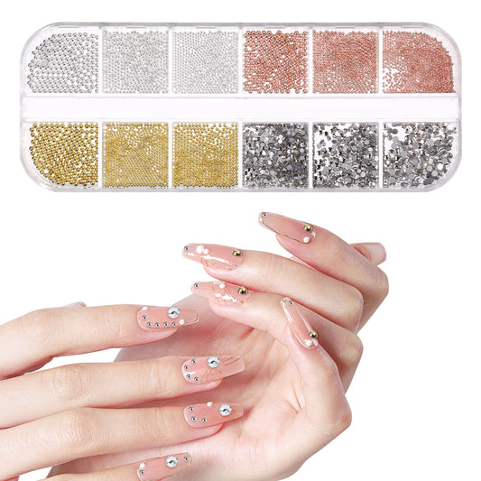 Nail Art Beads 3D Nail Art Ball Half Round Rhinestones Mini Caviar Beads Gold Silver Rose Gold Nail Micro Beads Multi Sizes Nail Art Accessories for Manicure DIY Decoration (1 Box/12 Grids)