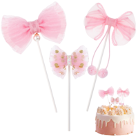 3pcs Bow Cake Topper, Pink Lace Bowknot Cake Toppers, Pink Bow Cupcake Toppers, Pink Bow Birthday Cake Toppers Pink Girls Birthday Party Decorations, Cake Dessert Picks Decoration