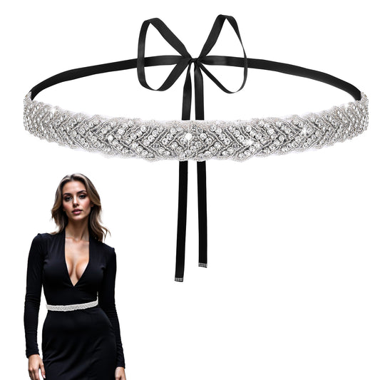 QfwdfcTrenz Bridal Rhinestone Wedding Belt Handcrafted Sparkly Ribbon Belt Bling Crystal Belts Dress BeltsWedding Waist Glitter Dress Accessories (Black)