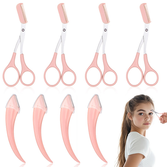 Eye Brow Trimmers for Women, 8 Pcs Stainless Steel Eyebrow Scissors with Comb Curved Eye Brow Razor Hair Removal Accessories Eyebrow Grooming Kit for Women Men Beginner Brow Shaping, Beard Shaving