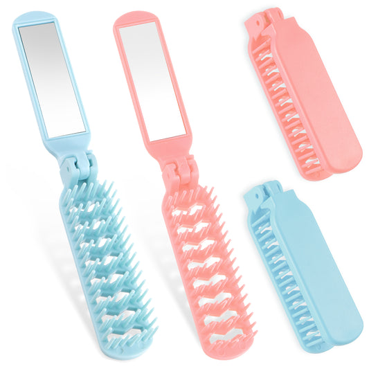 Foldable Hair Brush with Mirror, 2 Pcs Portable Travel Hair Brush Mini Compact Hair Brush Small Pocket Comb Hair Styling Tools for Women Girls Trip, Gym, Purse, Swimming (Pink, Blue)