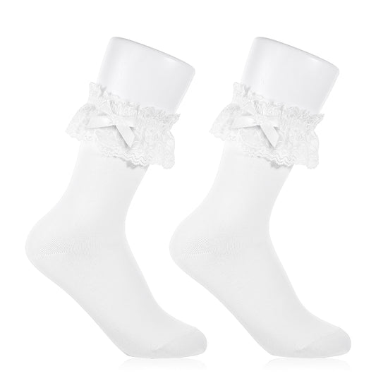 Xthrotsenk White Lace Socks White Socks with Ruffles Lace Sock Women Frilly Sock with Bow for Women Dress Pants, Skirt