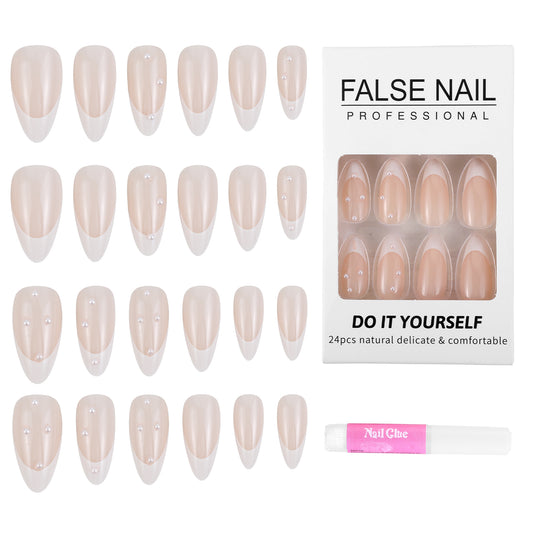 24 Pcs French False Nails Press on Nails Medium Length White French Tip Press On Nails Almond Acrylic White Tip Pearl Stick on Nails Nails Fake Nail for Nails Art, Reusable, Semi-Transparent