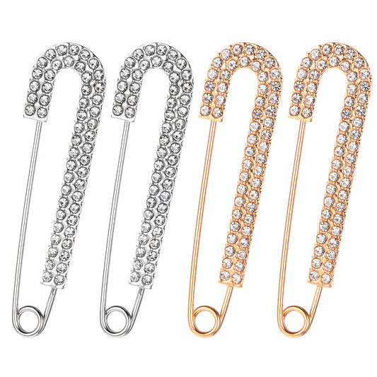 4 PCS Rhinestone Safety Pin Brooch, Metal Elegant Decorative Safety Pins for Clothes, Silver and Gold Crystal Big Safetys Pins Vintage Large Sweater Shawl Clips for Women Skirts Scarf Shirt