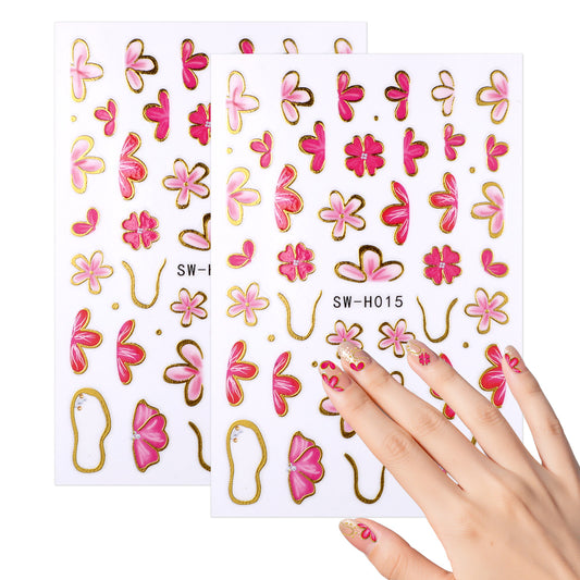 2 Sheets Nail Art Stickers Pink 3D Flower Nail Stickers Spring Summer Cherry Blossom Petals Golden Edge Design Floral Nails Decals Nails Supplies Decoration