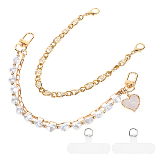 2 PCS Cell Phone Wrist Lanyard, Double Beaded Phone Strap with 2 Clear Phone Clip, Pearl Beaded Phone Wrist Straps Anti Lost, Detachable Cellphone Lanyard with Tether Tab for Women, Gold White