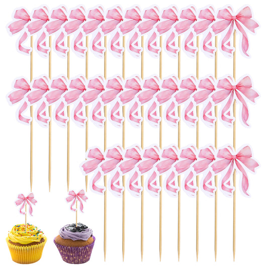 36 PCS Pink Bow Cupcake Toppers, Paper Bowknot Cupcake Toppers Cute Dessert Cupcake Toppers Princess Cupcake Toppers for Princess Birthday Party Wedding Party Decorations