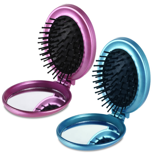 2 Pcs Foldable Round Hairbrush with Mirror Portable Compact Hair Brush Mini Hair Comb Mini Travel Hair Brush Pocket Hair Brushes for Men Women and Girls (Blue, Purple)