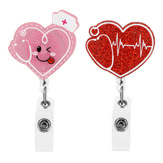 2 Pack Heart Badge Reel Holder with ID Clip Retractable Nursing Name Tag Card Badge Holder Cute Glitter Badge Reel with Alligator Clip for Nursing Doctor Medical Assistant Office