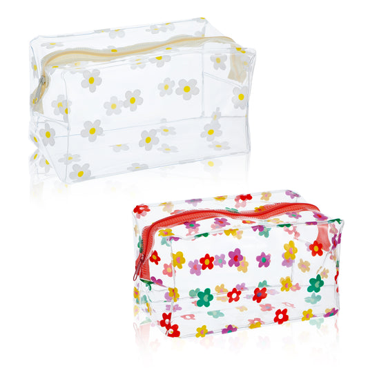 Cute Flower Clear Makeup Bag, 2 Pcs Clear Flower Makeup Bag Cute Makeup Bag Floral Makeup Bag Daisy Makeup Pouch Portable Clear Cosmetic Bags with Zipper Make up Bag Toiletry Bag for Women Travel