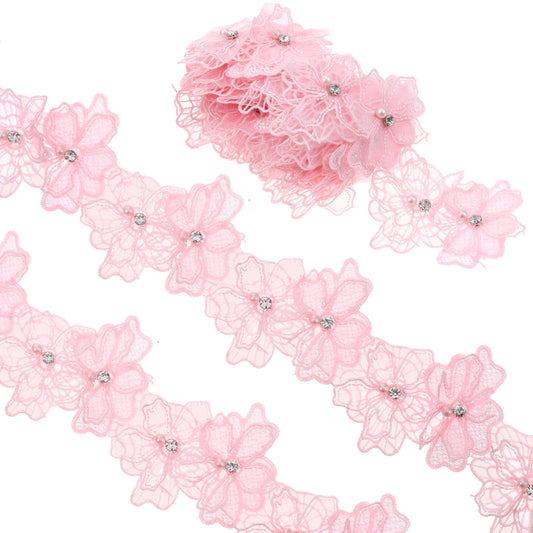 2 Yards 3D Pearl Beads Flower Lace Trim Ribbon Floral Embroidered Applique Lace Fabric Patchwork for Sewing DIY Crafts Supplies Home Decor Wedding Dress Handmade Decoration(Pink)