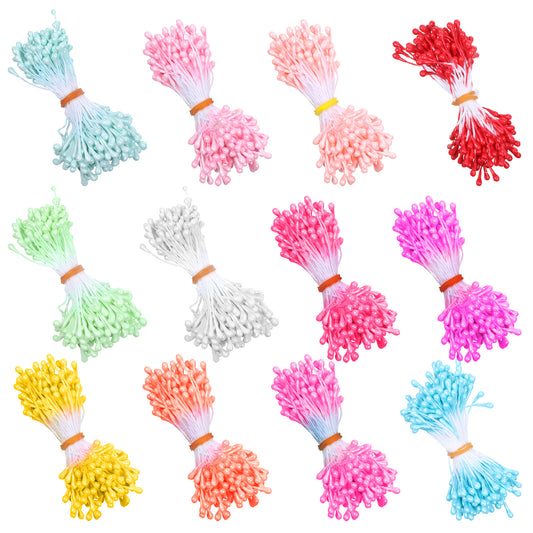 1800Pcs Flower Stamens Double Heads Artificial Pearl Flower Stamen for Crafts 3mm Coloured Floral Stamen for Flowers Making Assorted 12 Color Floral Design Stamens Supplies DIY Wedding Decoration