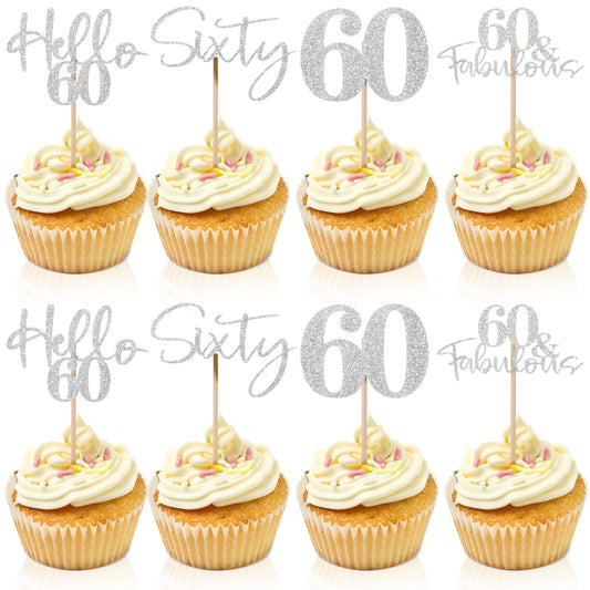 24PCS 60th Birthday Cupcake Toppers Sliver Glitter 60the Birthday Cupcake Picks for 60th Wedding Anniversary Cake Party Decoration Celebrating the Golden Wedding Party