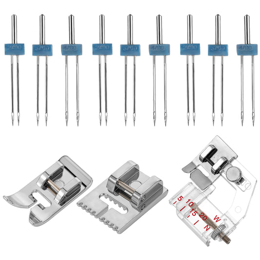 9 Pack Twin Needle Sewing Machine Double Twin Needles Pins Twin Stretch Needles with 3 Pieces Different Presser Foot for Household Sewing Machine Accessories 2/90 3/90 4/90