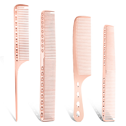 4 PCS Aluminum Dressing Comb Foiling Combs Dandruff Combs for Women Metal Comb Professional Barber Types Metal Hair Comb Set Hair Cutting Comb Metal Rat Tail Comb for Long Wet Curly (Rose Gold)