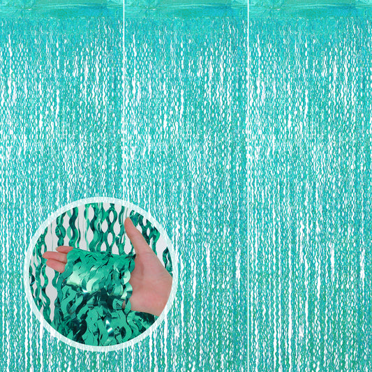 4Pack Teal Aqua Blue Wave Foil Curtains, 3.3x6.6 ft Sparkle Metallic Wavy Foil Fringe Backdrop Curtain for Party Decor Wavy Tinsel Foil Fringe Curtains for Photo Booth Birthday Wedding Party Decor