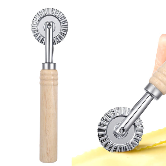 Fluted Pastry Cutter Wheel, Stainless Steel Ravioli Cutter Wheels, Sturdy Pasta Cutters Wheel, Ravioli Crimper Cutters Wheels with Long Wooden Handle for Home and Kitchen - 1.5 Inch Diameter