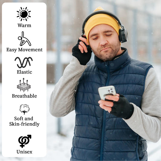 Psyqtsuary Fingerless Gloves, 4 Pairs Black Cotton Knitted Half Finger Gloves Winter Warm Gloves Stretchy Mittens for Men and Women Typing Working Biking Running Driving