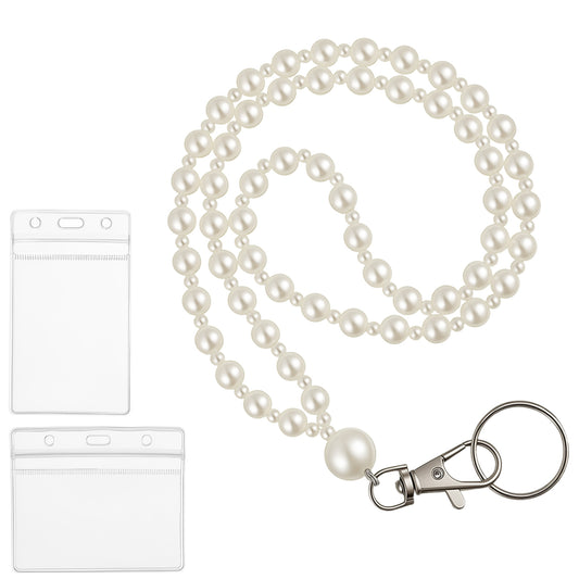 Pearls Beaded Lanyard for Women, White Pearl Lanyard, Lanyards for Id Badges, Beaded Lanyards for Id Badges with 2Pcs Card Holders, Cute Stylish Hanging Rope for Office, School, Travel
