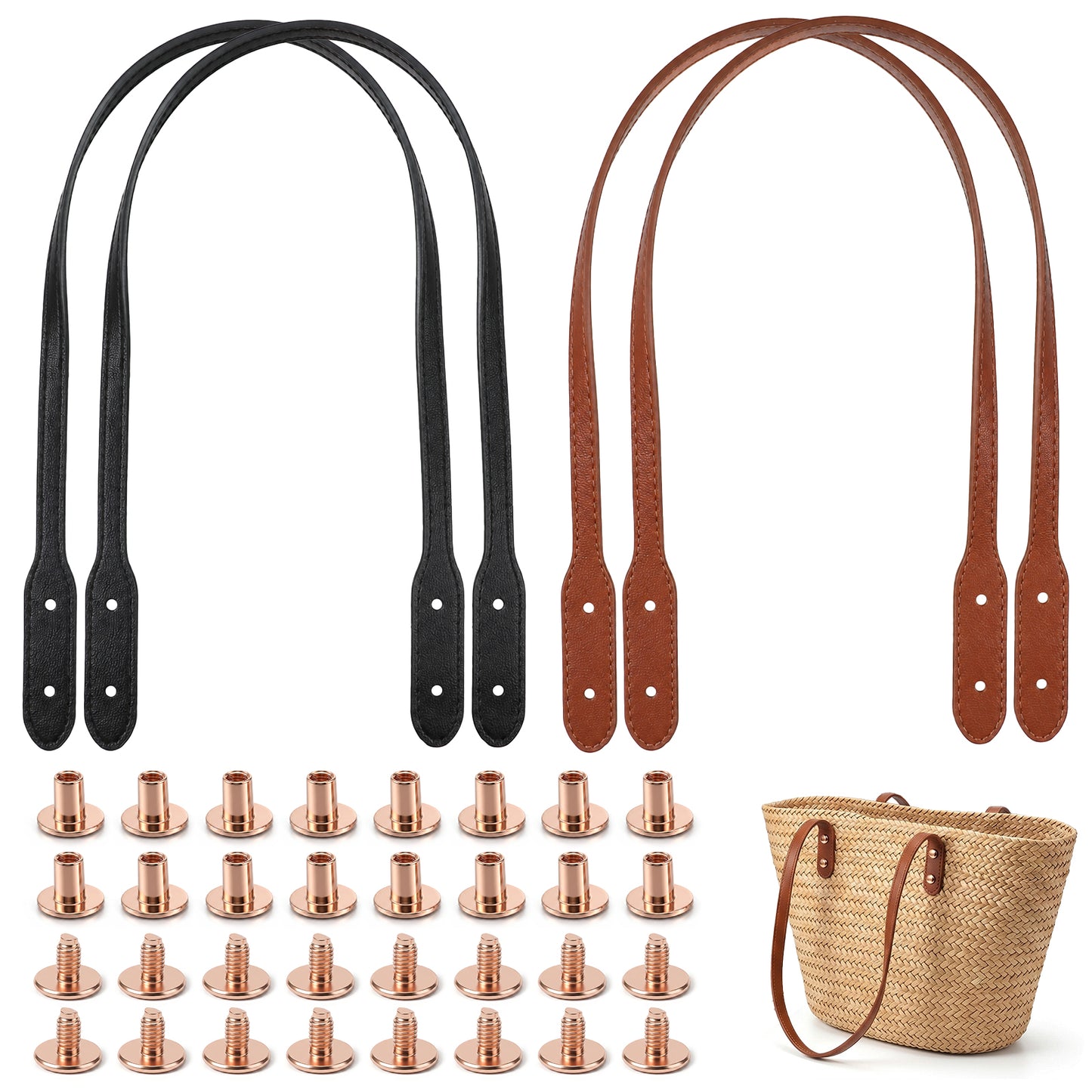 4pcs PU Leather Purse Bag Handles, Wraps Mount Strap with Rivets Sew on Replacement Rivets Purses Strap for Underarm Wallet Bag