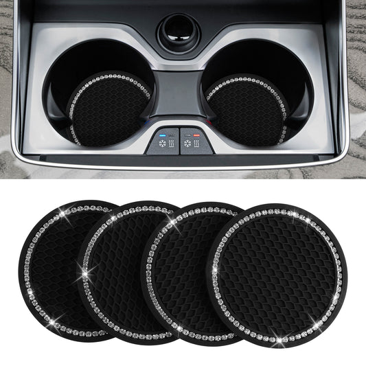 4 Pack Bling Car Coasters Universal Car Cup Holder Insert with Crystal Rhinestone 2.75 inch Universal Car Anti Slip Cup Holder Coasters Vehicle Interior Accessories for Girls, Women, Black