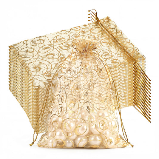 Organza Gift Bags 5x7 Inches, 50 PCS Gold Mesh Gift Drawstring Bags Little Rattan Printed Jewelry Bag Small Sheer Party Favor Gifts Warp Pouches with Drawstring for Wedding,Birthday,Bridal Shower