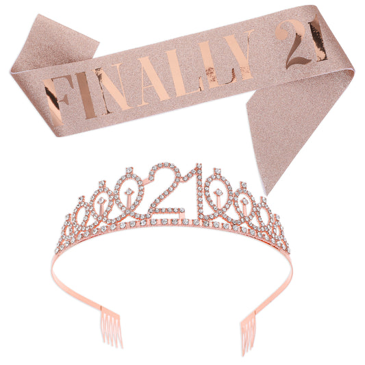 21st Birthday Crowns and Sashes for Women Birthday Sash Princess Tiara Headband Elegant Rose Gold Crown with Combs for Women, Sweet Happy Birthday Accessories Girls Crystal Tiaras