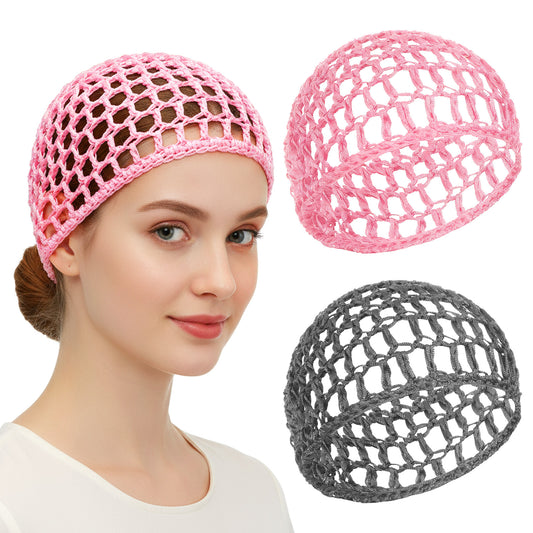 2 Pcs Hair Wrap Net Crochet Hair Net for Silk Press Mesh Wrapping Wrap Elastic Sleeping Hairs Wraps Caps Reusable Nets Cap for Women Sleeping Makeup Shower (Gray, Pink)