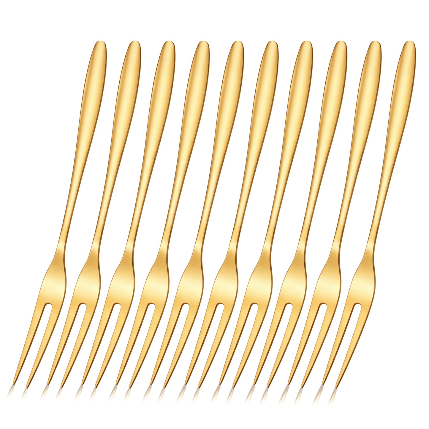10Pcs Golden Fruit Forks Salad, Stainless Steel Tasting Appetizer Fork 2-Tine Cocktail Forks with Long Handle Portable Dessert Salad Fruit Fork for Escargot Olive Prawn Crab Antipasti Cheese Pastry