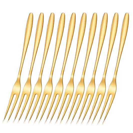 10Pcs Golden Fruit Forks Salad, Stainless Steel Tasting Appetizer Fork 2-Tine Cocktail Forks with Long Handle Portable Dessert Salad Fruit Fork for Escargot Olive Prawn Crab Antipasti Cheese Pastry