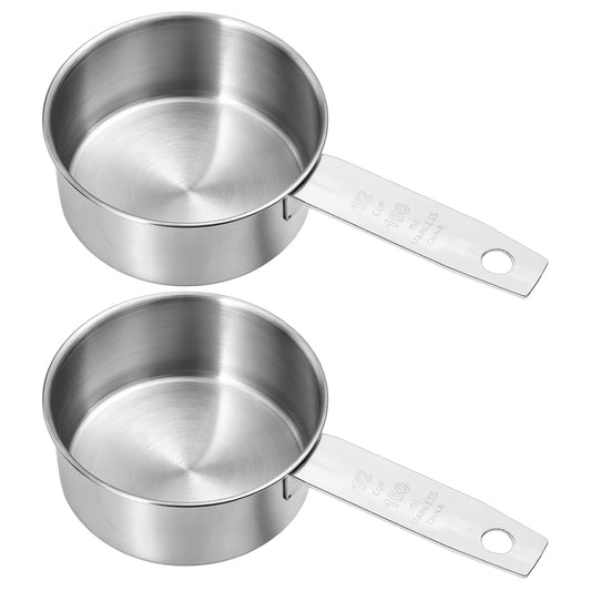 2 Pcs 1/2 Cup Stainless Steel Measuring Cup, (125 ml, 125 cc, 4 oz) Dog Food Scoop 1/2 Cup Scoop Half Metal Measuring Scoops for Feeding Pet, Wet and Dry Ingredients, Kitchen Cooking, Dishwasher Safe