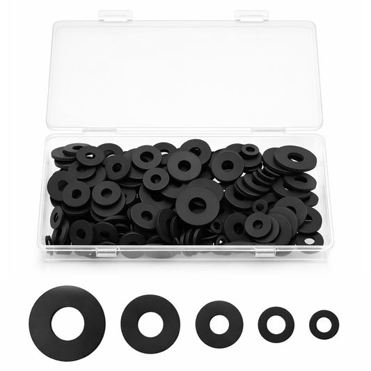 200 PCS Flat Rubber Washers Assortment Kit, 10/12/16/20/25mm Black Rubber Gasket Black Vibration Absorbing Pads Sealing Rubbers Flat Washers for Faucets/Bolts/Screws/Garden Hose/Plumbing/Shower Head